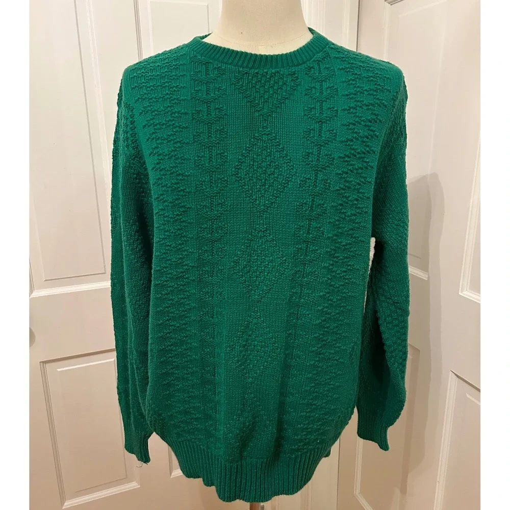VTG 80s 90s Rowing Club Green Textured Cotton Knit Sweater Made in USA Men L